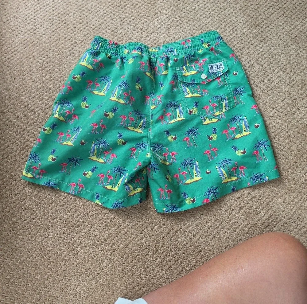 Ralph Lauren Green Tropical Flamingo Print Swim Trunks - MED